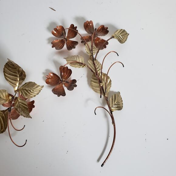 Vintage Metal Floral Wall Decor Brass & Copper Dogwood Flower Leaf MCM Set Of 4 - Picture 5 of 11